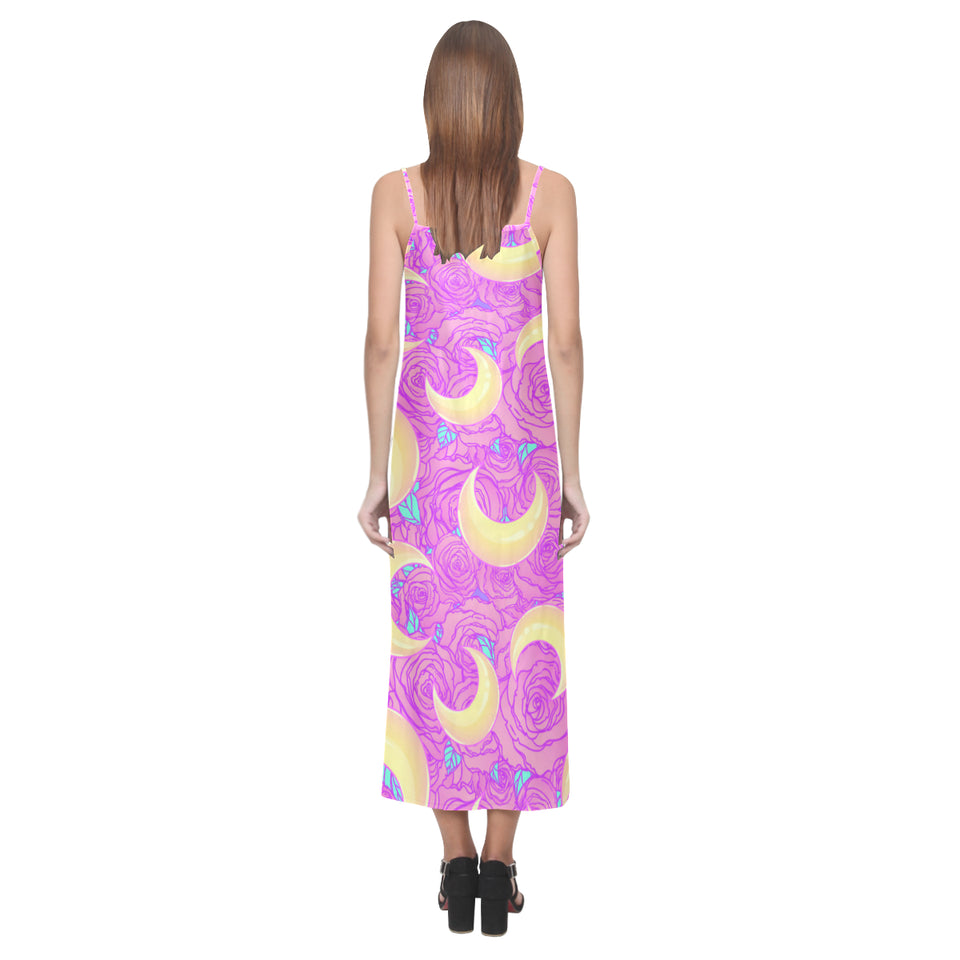 Moon pink rose background V-Neck Open Fork Long Dress