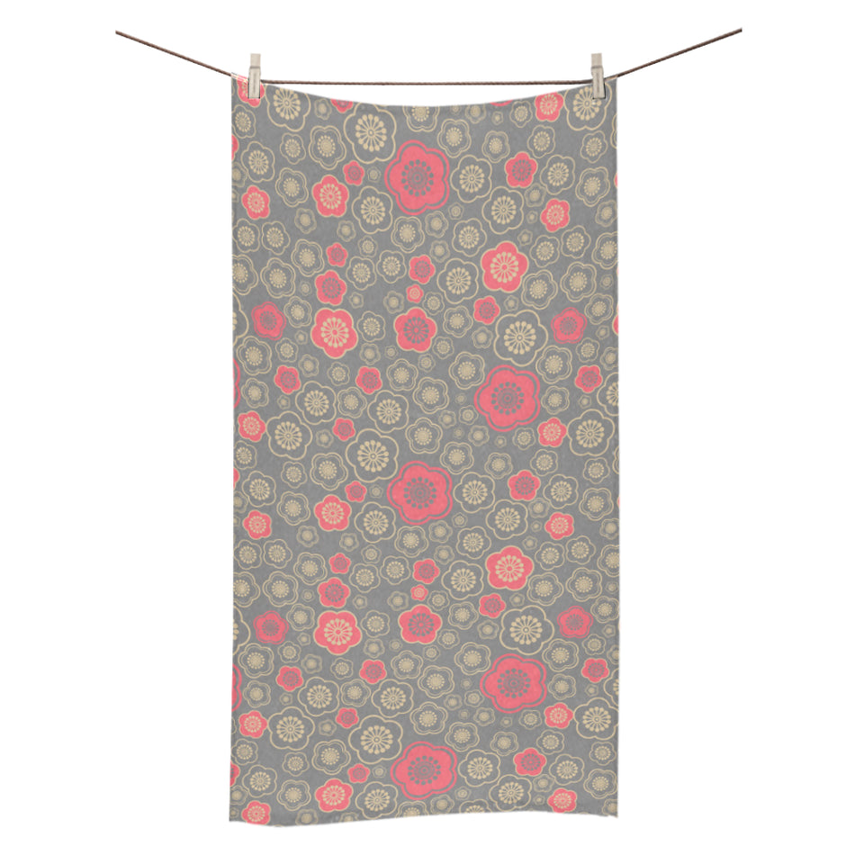 Red gold Sakura cherry blossom gray background Bath Towel