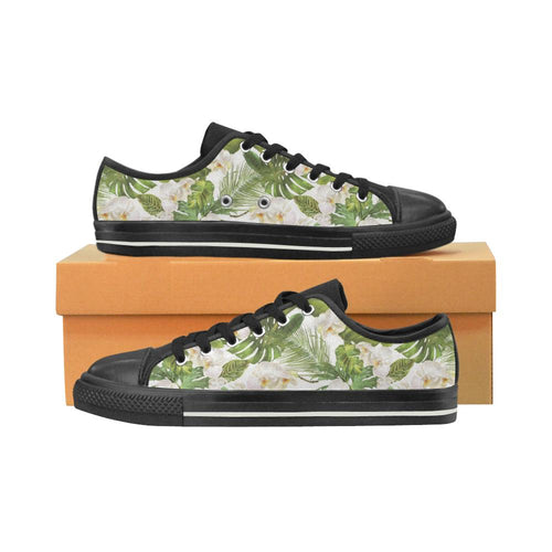 White orchid flower tropical leaves pattern Kids' Boys' Girls' Low Top Canvas Shoes Black