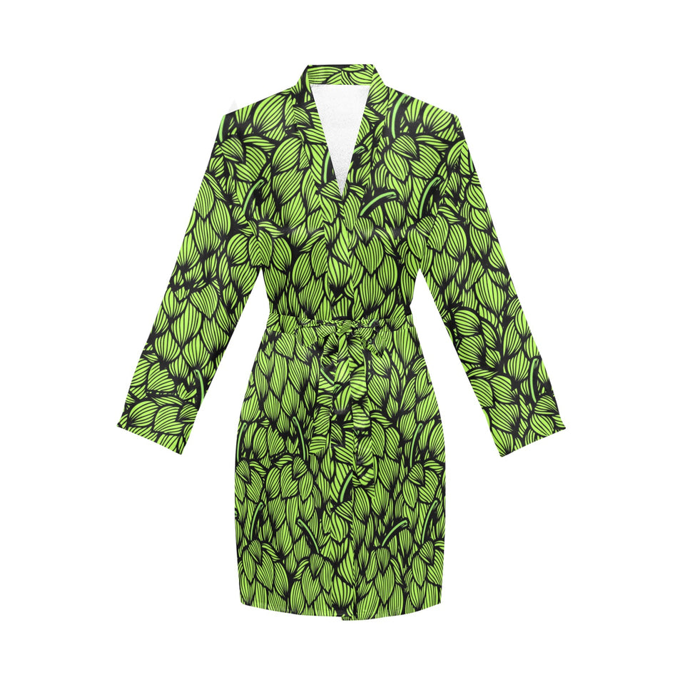 Green hop pattern Women's Long Sleeve Belted Night Robe
