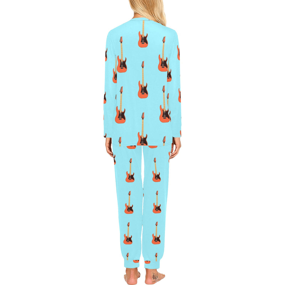 electric guitar pattern light blue background Women's All Over Print Pajama Set