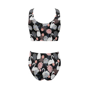 white swan blooming flower pattern Chest Bowknot High Waisted Bikini Swimsuit