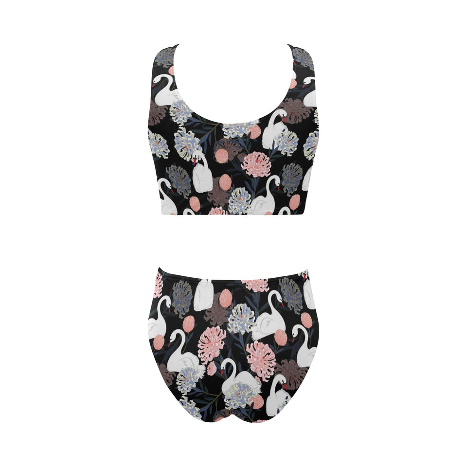 white swan blooming flower pattern Chest Bowknot High Waisted Bikini Swimsuit