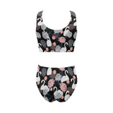white swan blooming flower pattern Chest Bowknot High Waisted Bikini Swimsuit