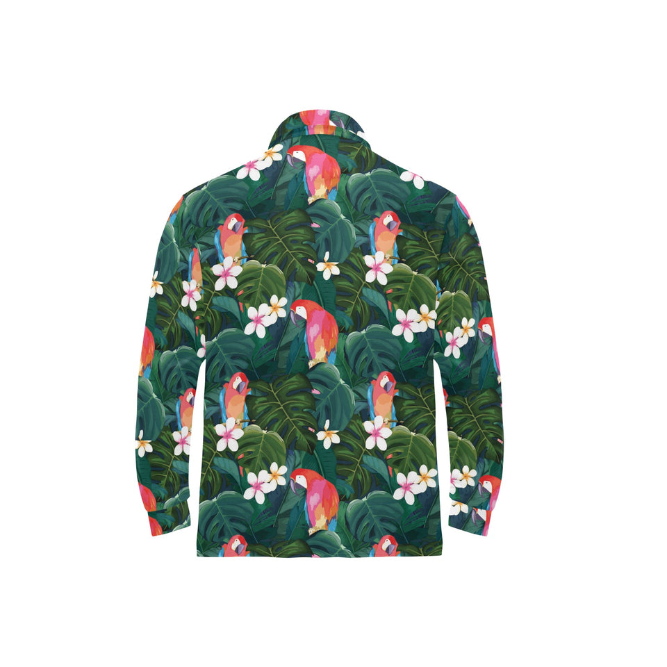 Parrot Palm tree leaves flower hibiscus pattern Men's Long Sleeve Polo Shirt