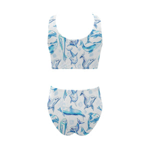 Watercolor dolphin pattern Chest Bowknot High Waisted Bikini Swimsuit