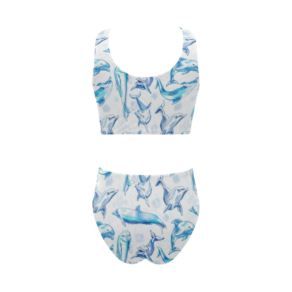 Watercolor dolphin pattern Chest Bowknot High Waisted Bikini Swimsuit