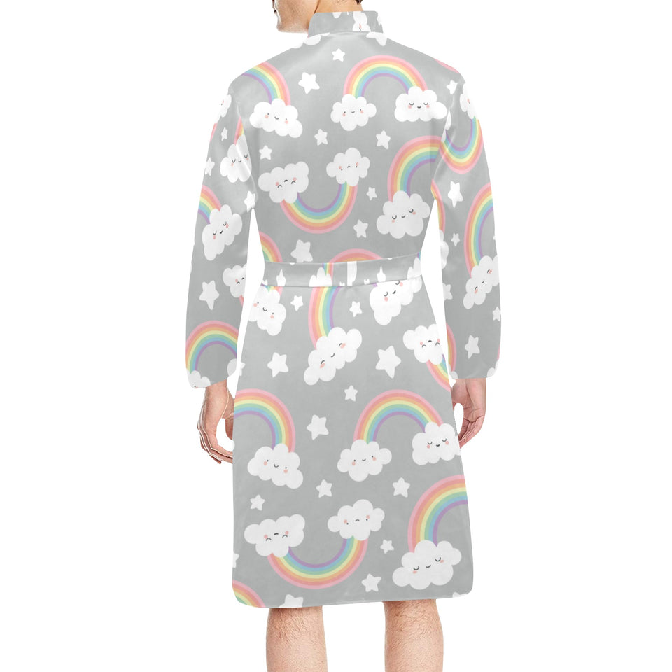 Cute rainbow clound star pattern Men's Long Sleeve Belted Night Robe