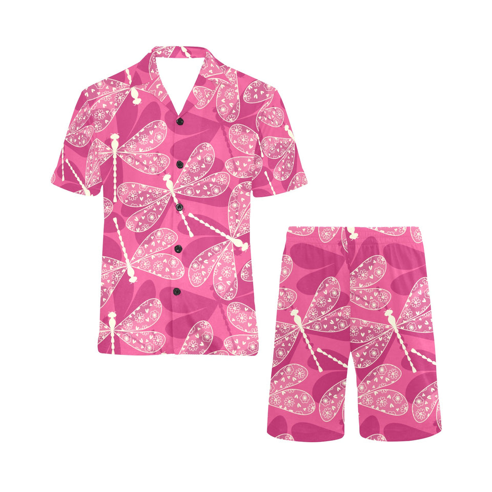 Beautiful dragonfly pink background Men's V-Neck Short Pajama Set