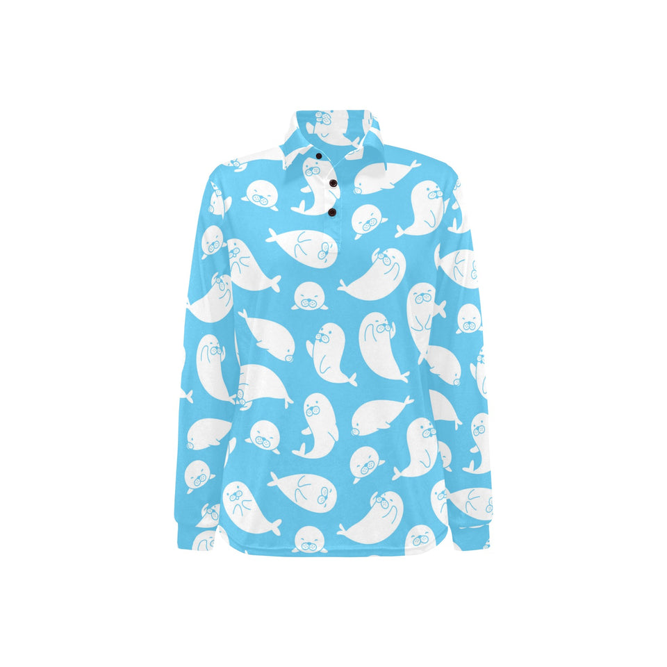 Cute white sea lion seals pattern Women's Long Sleeve Polo Shirt