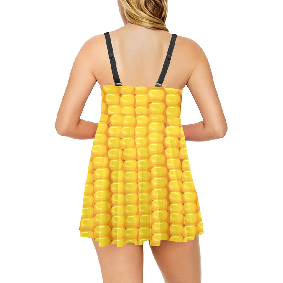 Corn Pattern Print Design 04 Chest Sexy Pleated Two Piece Swim Dress