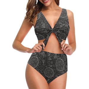 Pizza pattern Chest Bowknot High Waisted Bikini Swimsuit