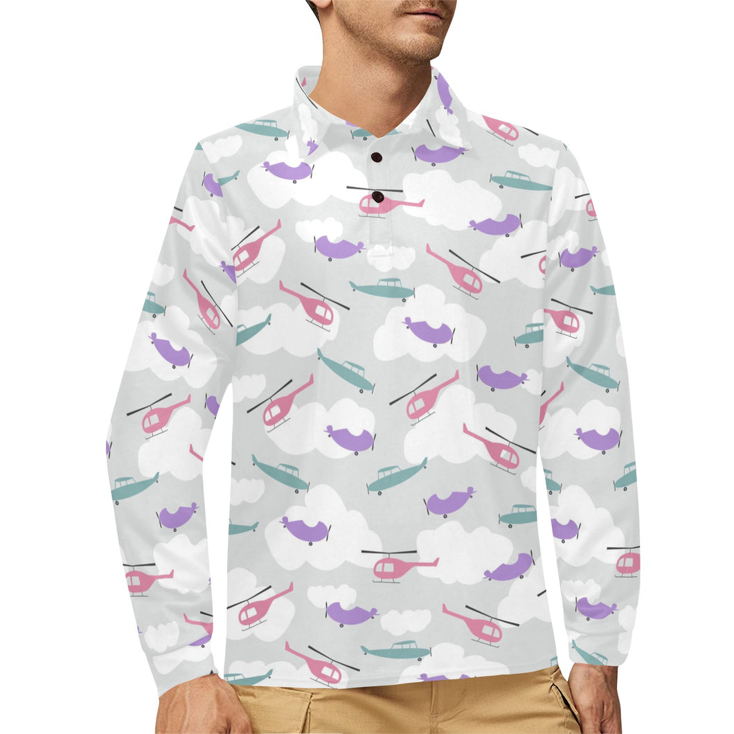 Helicopter plane pattern Men's Long Sleeve Polo Shirt
