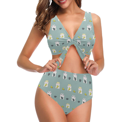 Cute hamster cheese pattern Chest Bowknot High Waisted Bikini Swimsuit