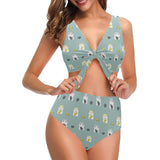 Cute hamster cheese pattern Chest Bowknot High Waisted Bikini Swimsuit