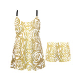 Rose Pattern Print Design 05 Chest Sexy Pleated Two Piece Swim Dress