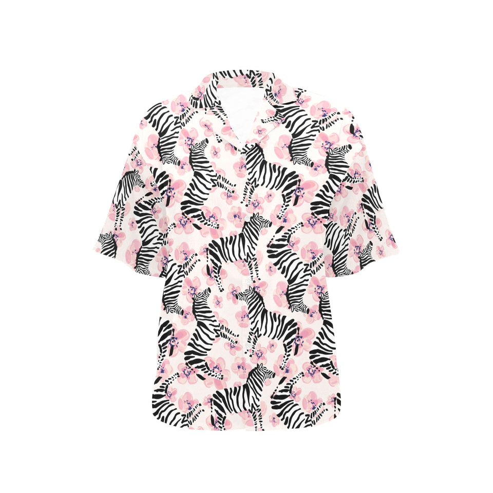 Zebra pink flower background Women's All Over Print Hawaiian Shirt