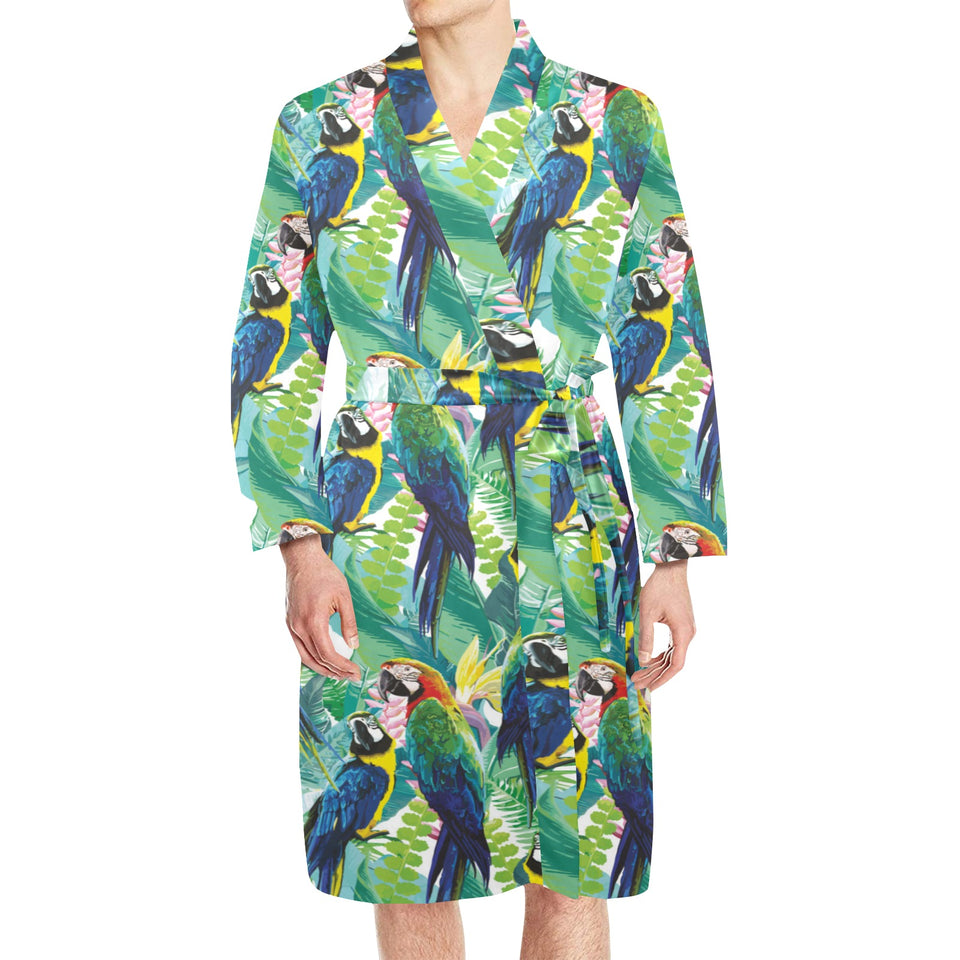 Colorful parrot exotic flower leaves Men's Long Sleeve Belted Night Robe