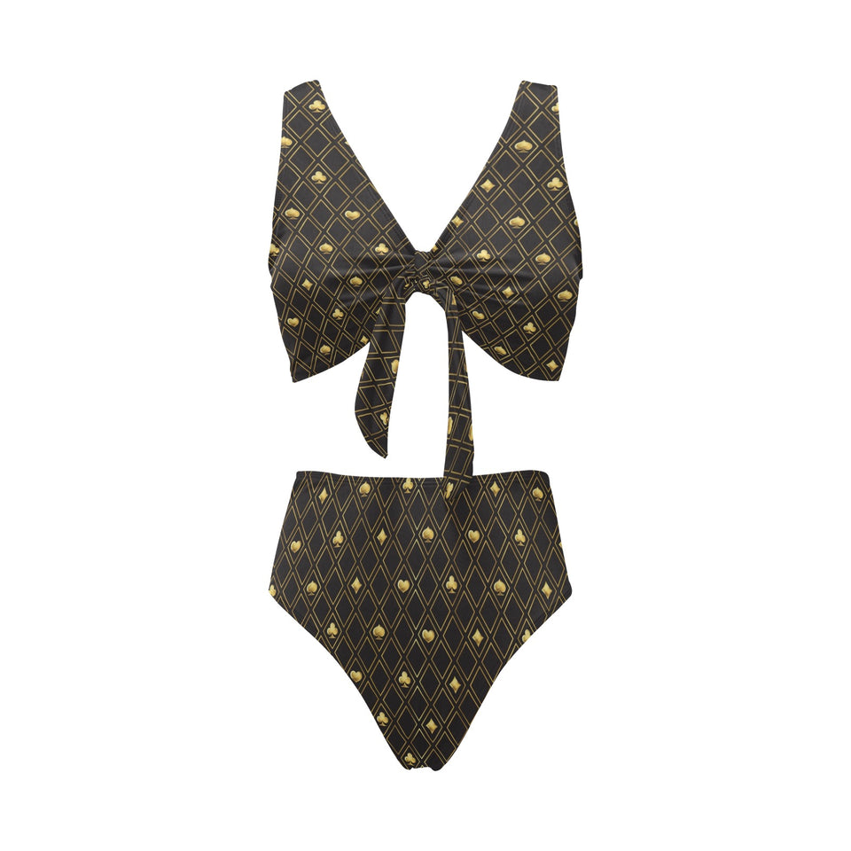 Casino Cards Suits Pattern Print Design 01 Chest Bowknot High Waisted Bikini Swimsuit