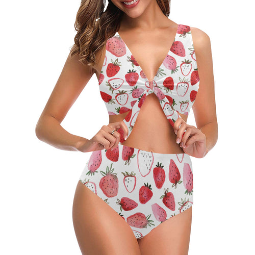 watercolor hand drawn beautiful strawberry pattern Chest Bowknot High Waisted Bikini Swimsuit