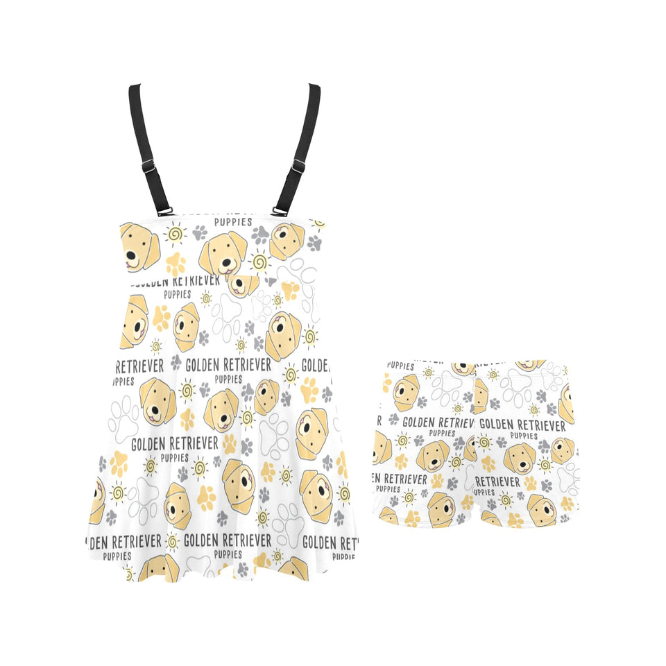 Golden Retriever Pattern Print Design 04 Chest Sexy Pleated Two Piece Swim Dress