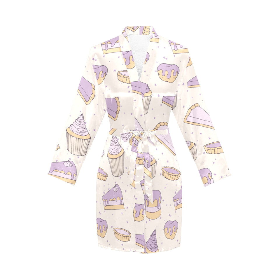 Cakes pies tarts muffins and eclairs purple bluebe Women's Long Sleeve Belted Night Robe
