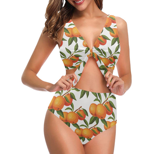 Oranges pattern background Chest Bowknot High Waisted Bikini Swimsuit