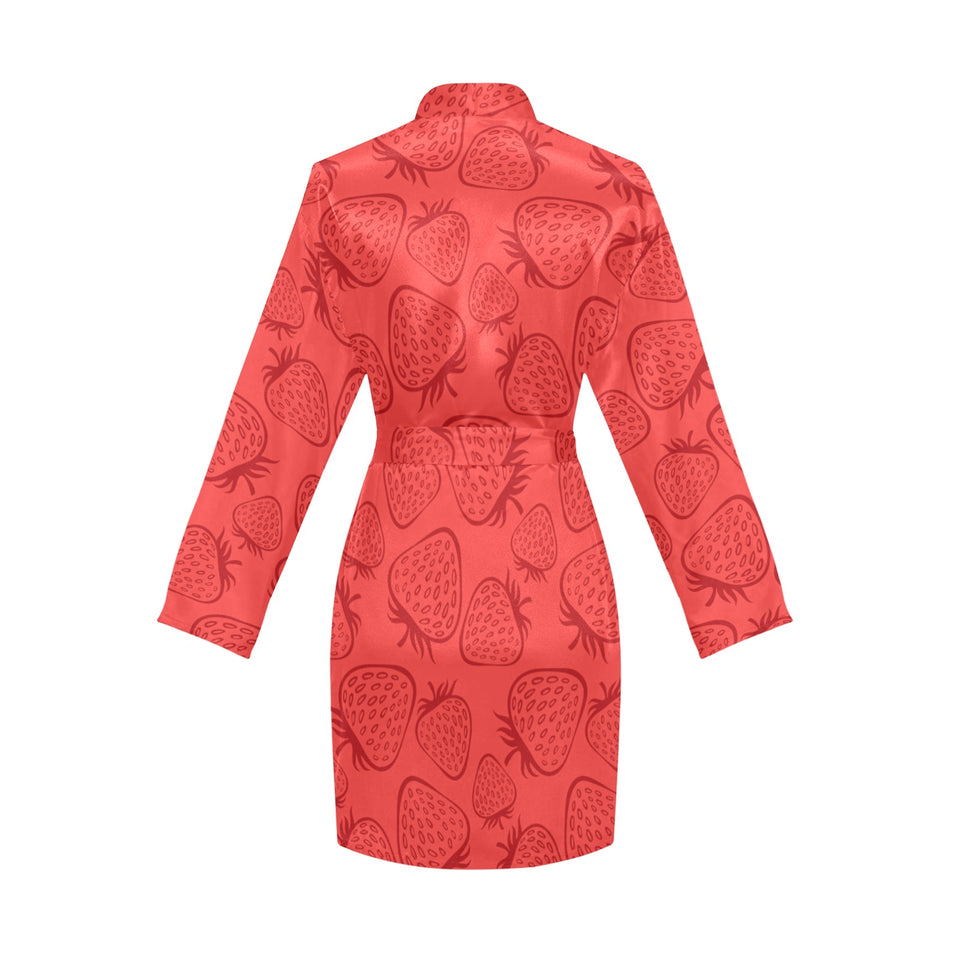 strawberry pattern red background Women's Long Sleeve Belted Night Robe