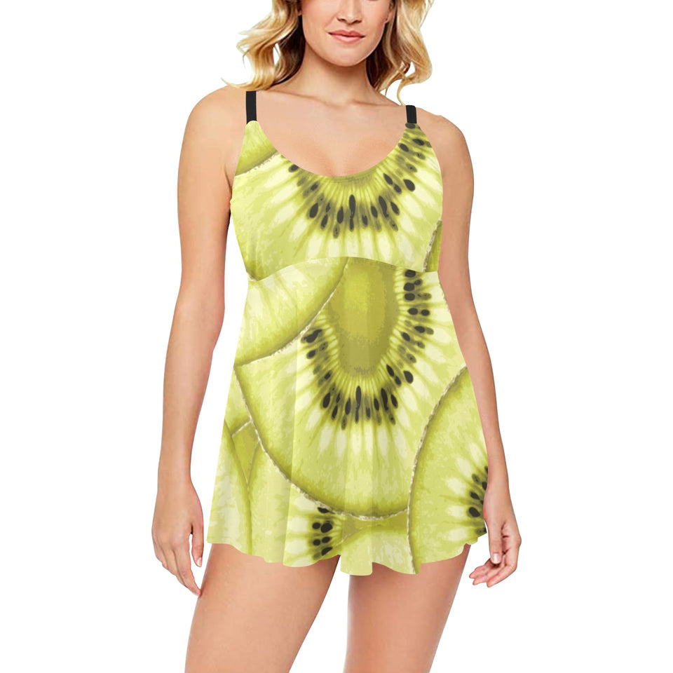 Sliced kiwi pattern Chest Sexy Pleated Two Piece Swim Dress