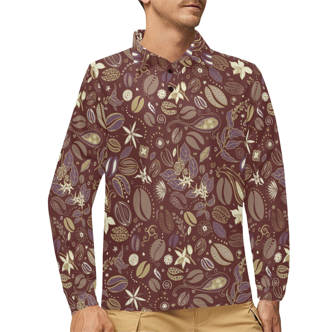 Coffee bean flower pattern Men's Long Sleeve Polo Shirt