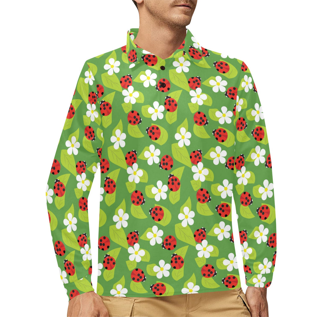 Ladybug Pattern Print Design 01 Men's Long Sleeve Polo Shirt