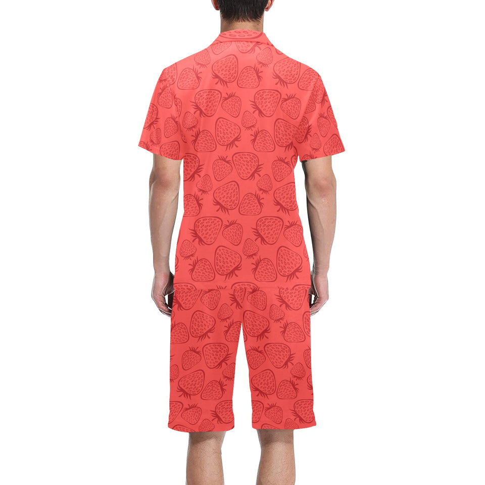 strawberry pattern red background Men's V-Neck Short Pajama Set