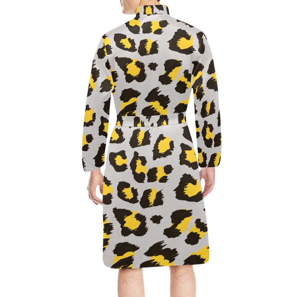 Gray Leopard print pattern Men's Long Sleeve Belted Night Robe