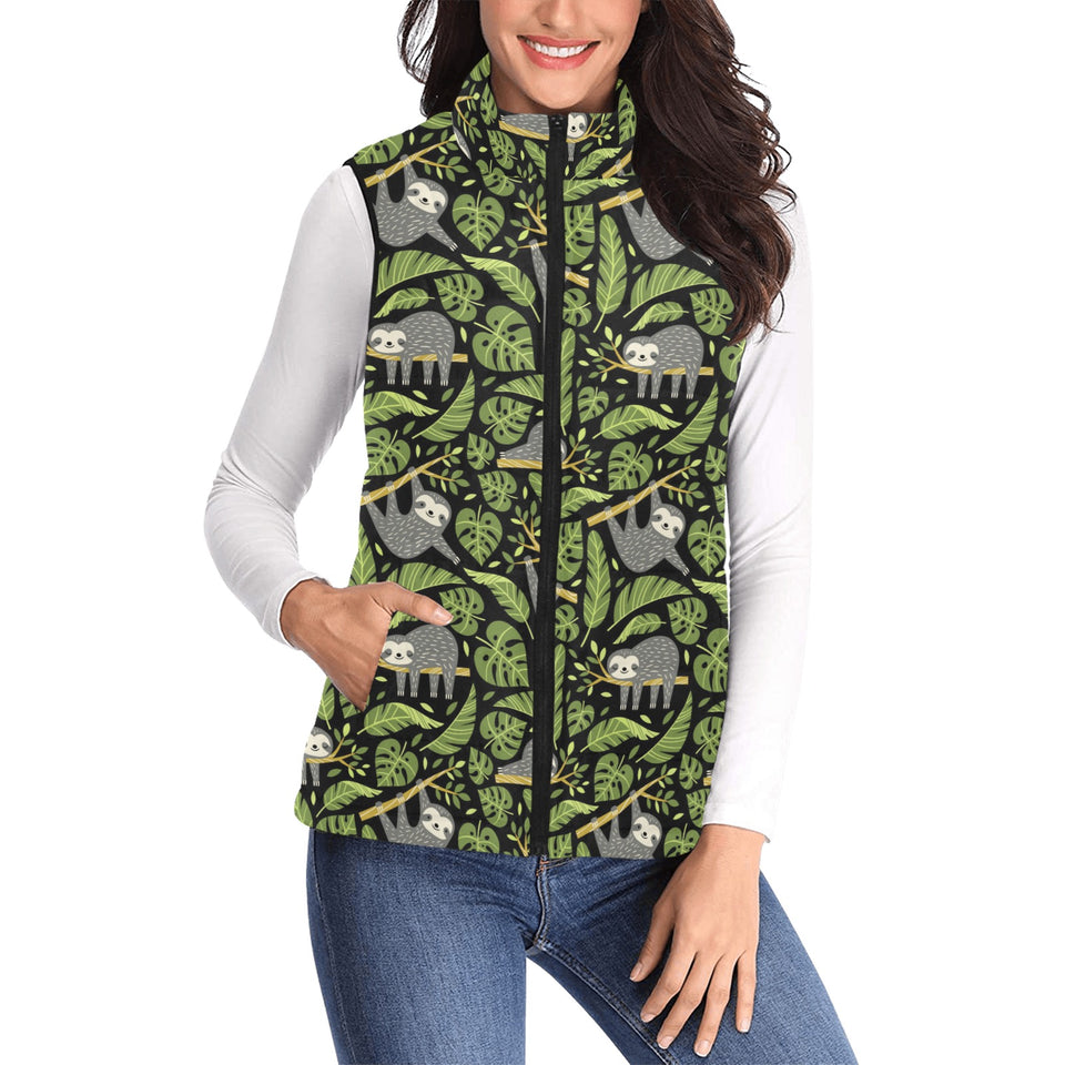 Cute sloths tropical palm leaves black background Women's Padded Vest