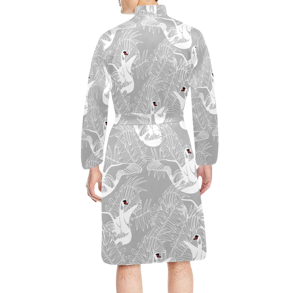 white swan gray background Men's Long Sleeve Belted Night Robe