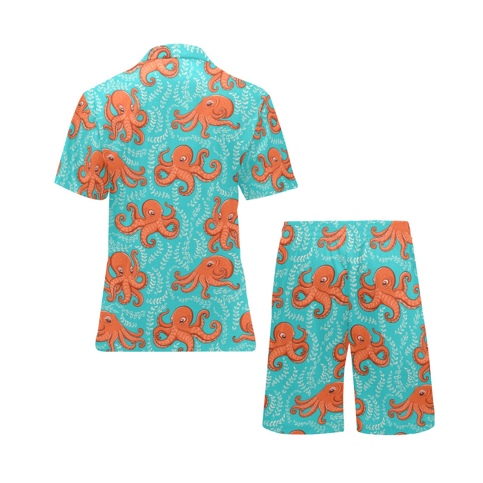 Octopus turquoise background Men's V-Neck Short Pajama Set