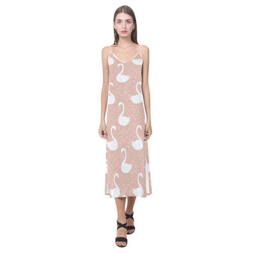 Swan flower light pink background V-Neck Open Fork Long Dress