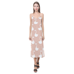 Swan flower light pink background V-Neck Open Fork Long Dress