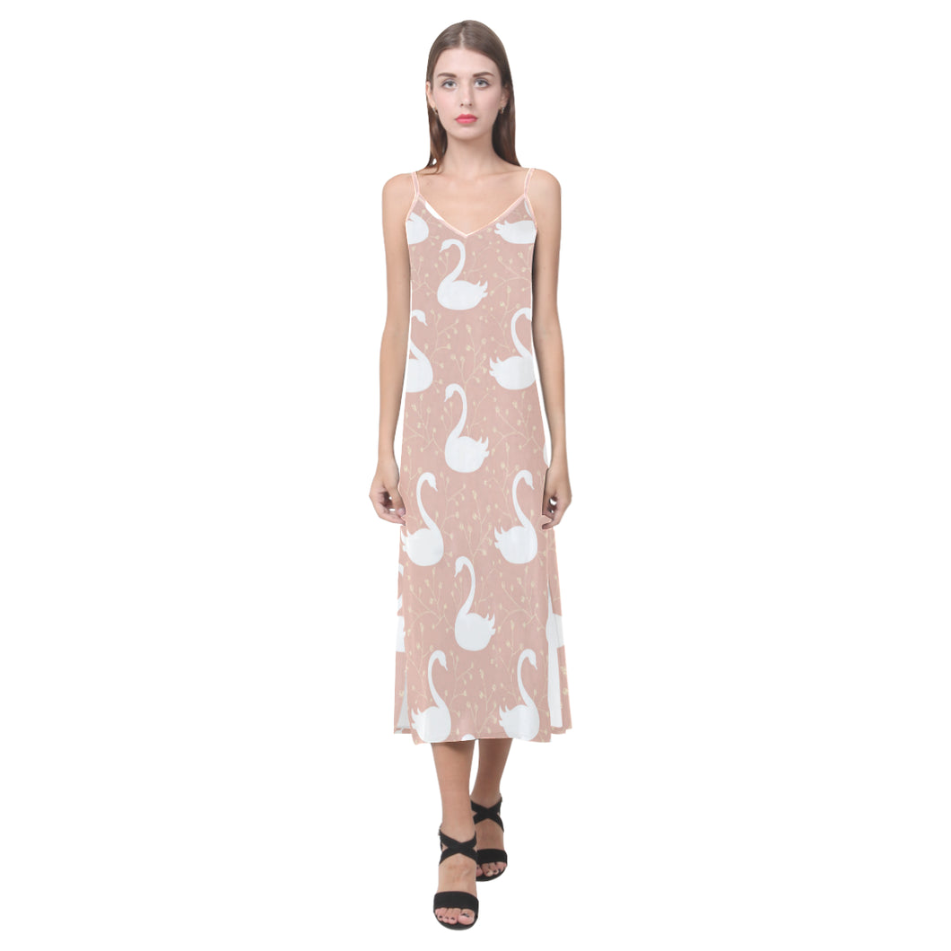 Swan flower light pink background V-Neck Open Fork Long Dress