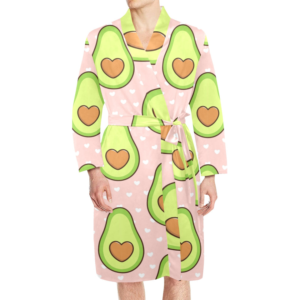 Avocado heart pink background Men's Long Sleeve Belted Night Robe