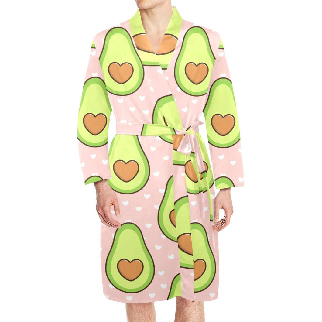 Avocado heart pink background Men's Long Sleeve Belted Night Robe