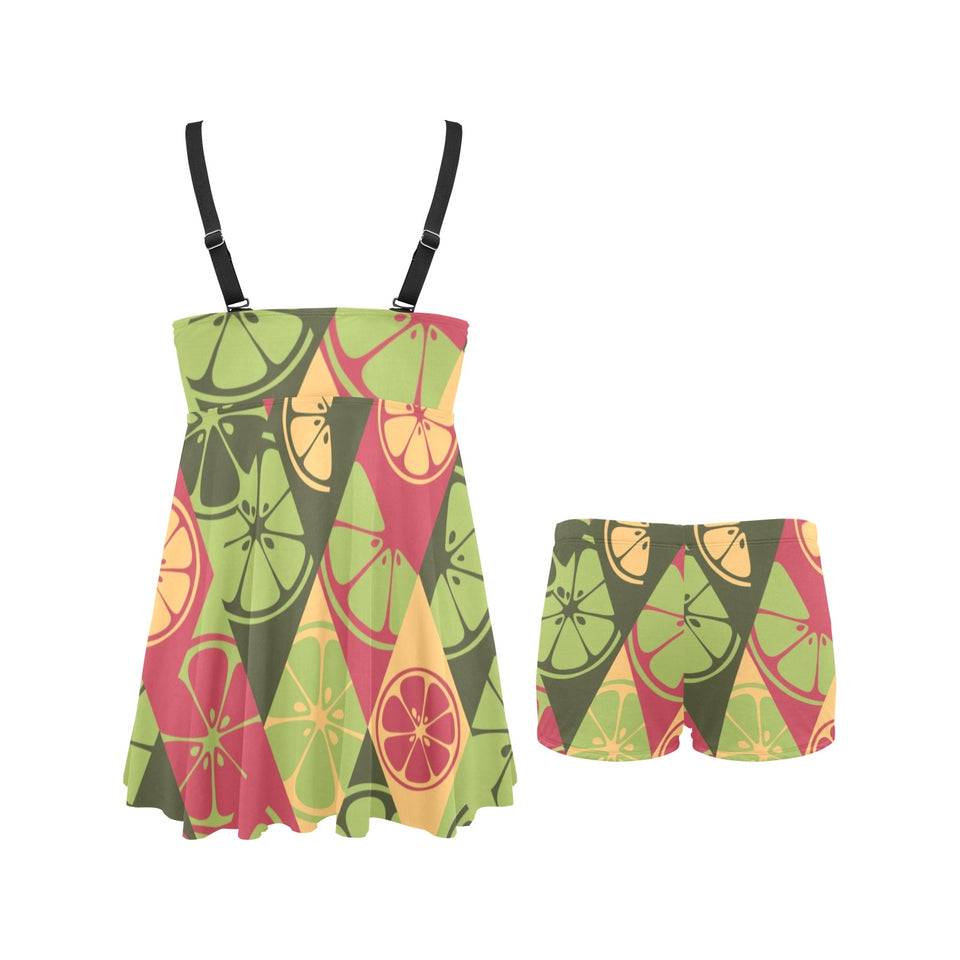 Cool Geometric lime pattern Chest Sexy Pleated Two Piece Swim Dress