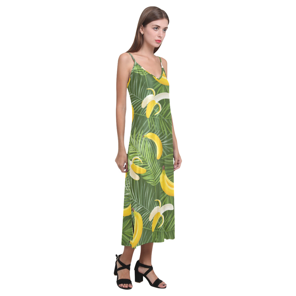Banana Palm Leaves pattern V-Neck Open Fork Long Dress