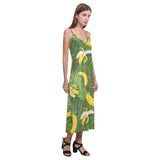 Banana Palm Leaves pattern V-Neck Open Fork Long Dress