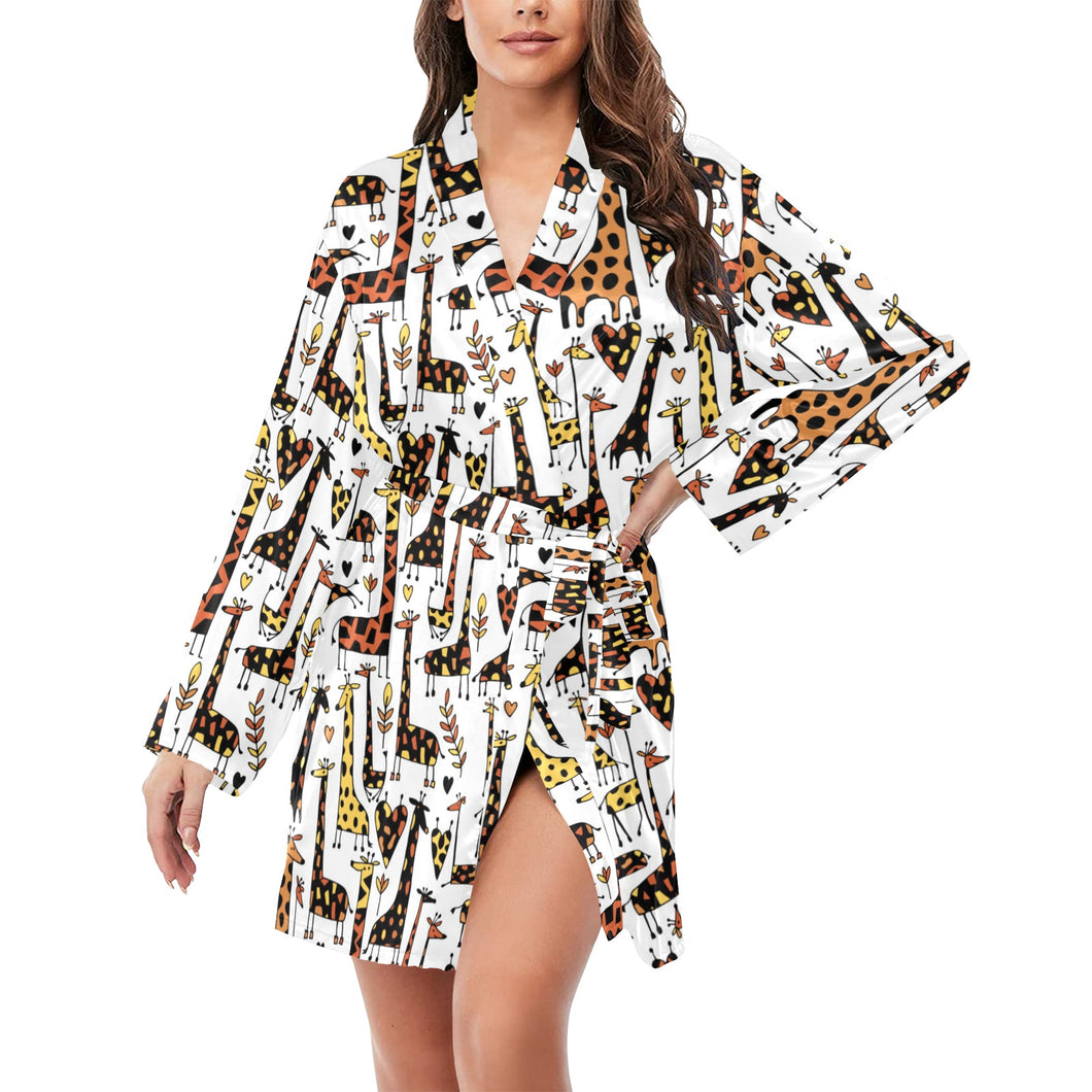 Giraffe Pattern Print Design 05 Women's Long Sleeve Belted Night Robe