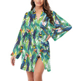 Colorful parrot exotic flower leaves Women's Long Sleeve Belted Night Robe