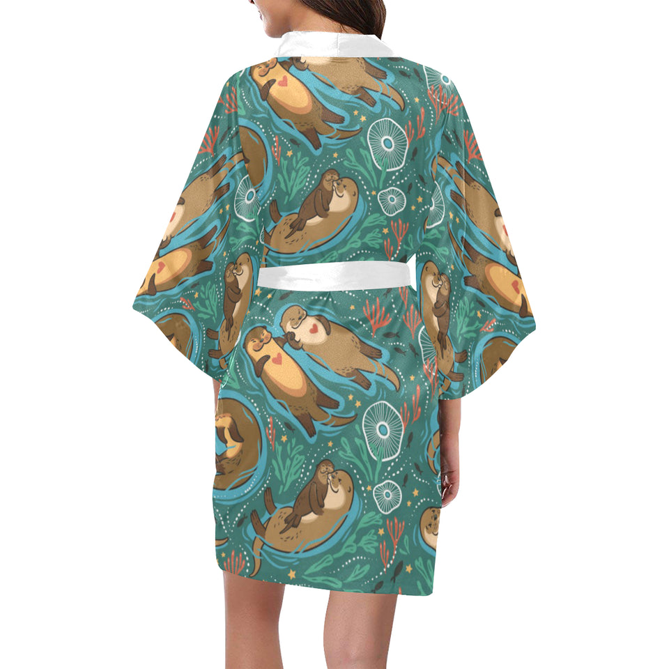 cute brown sea otters ornamental seaweed corals gr Women's Short Kimono Robe