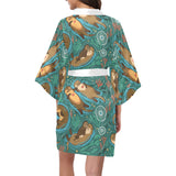 cute brown sea otters ornamental seaweed corals gr Women's Short Kimono Robe