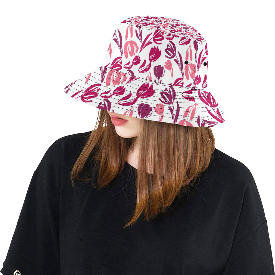 pink sketch tulip pattern Unisex Bucket Hat