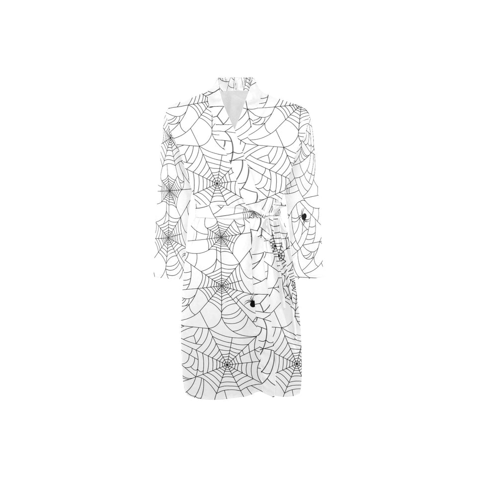 Spider web cobweb pattern white background Men's Long Sleeve Belted Night Robe